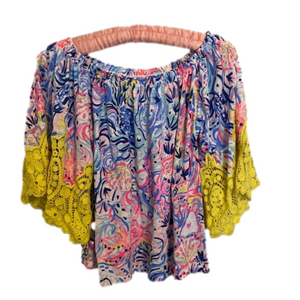 Lilly Pulitzer Zaylee Floral Crochet Lace Bell Sleeve Off The Shoulder Top XS